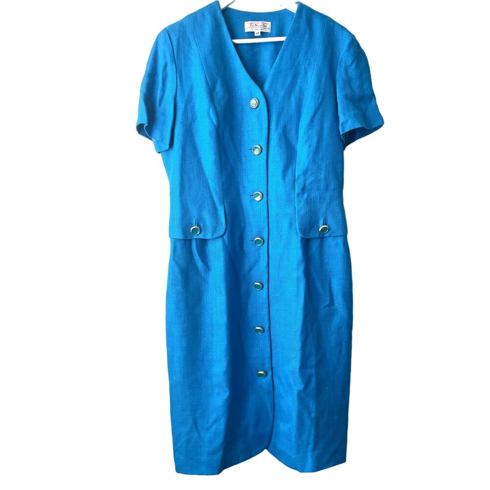 Talbots Depeche Blue 100% Rayon Double Weave V-neck S/S Button Down Dress - 16